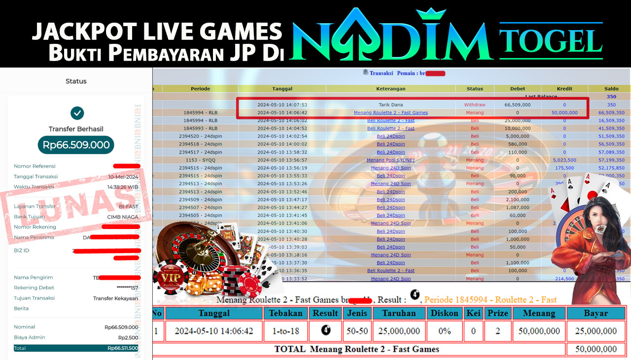 NADIMTOGEL JACKPOT LIVEGAMES Roulette 2 - Fast Games Rp.66,509,000,- LUNAS