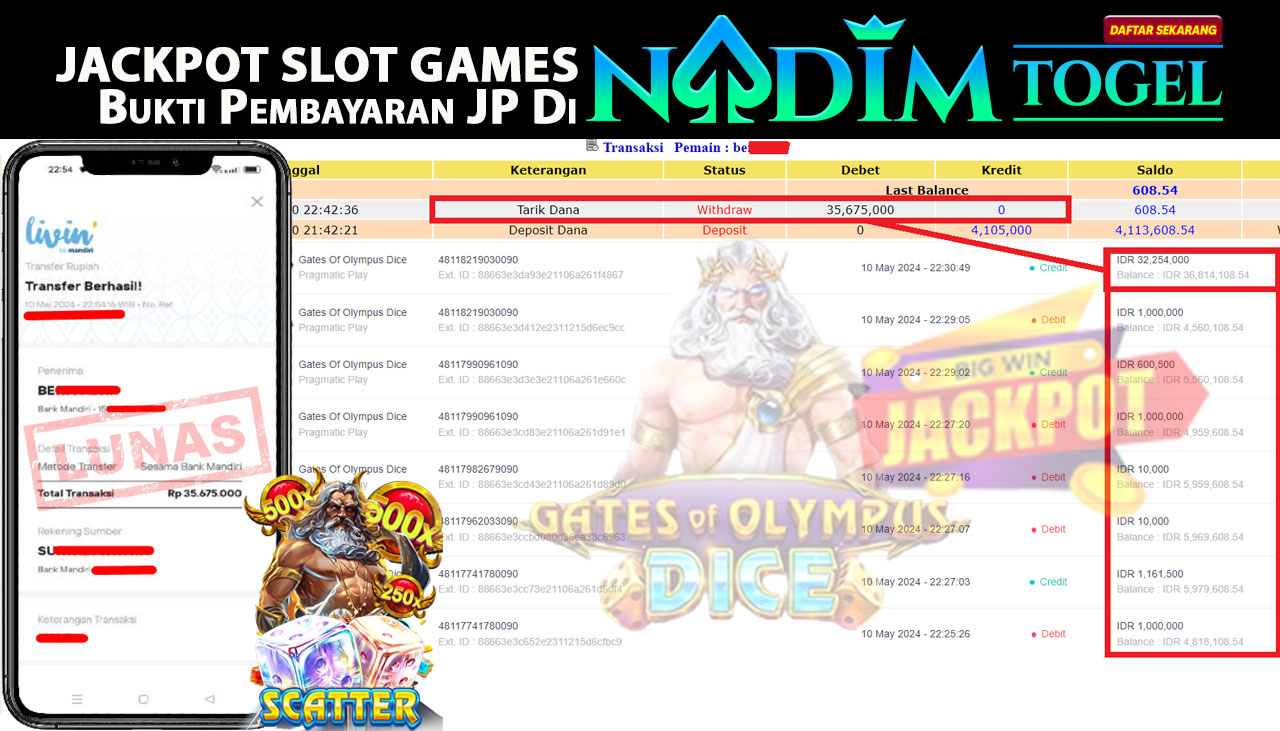 NADIMTOGEL JACKPOT SLOT GATES OF OLYMPUS DICE  Rp. 35,675,000,- LUNAS