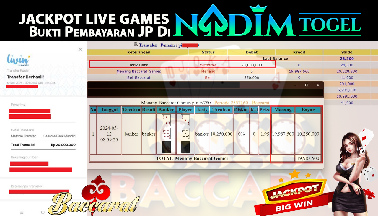 NADIMTOGEL JACKPOT LIVE GAMES  BACCARAT Rp. 20,000,000- LUNAS