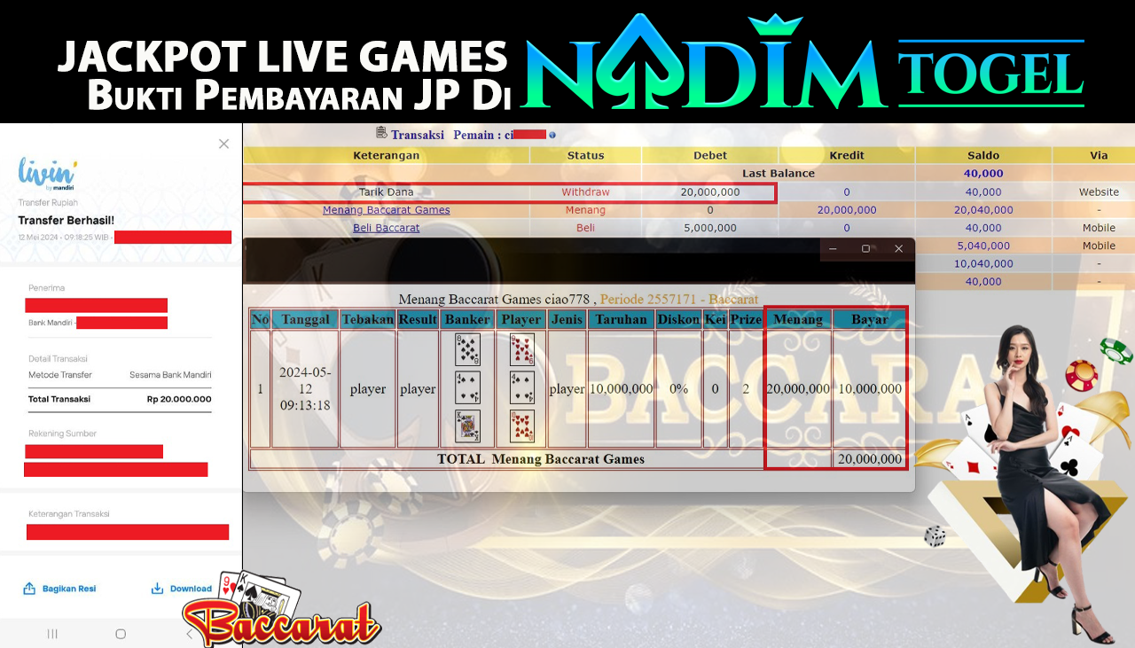 NADIMTOGEL JACKPOT LIVE GAMES  BACCARAT Rp. 20,000,000- LUNAS