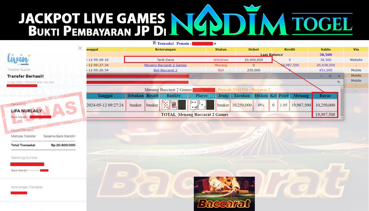 NADIMTOGEL JACKPOT LIVE GAME Baccarat 2 Games Rp.20,400,000,- LUNAS