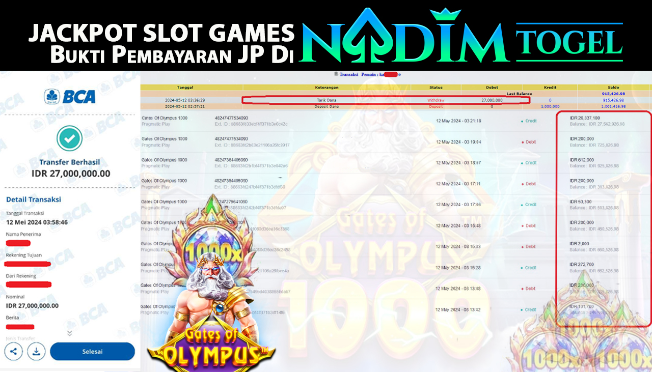 NADIMTOGEL JACKPOT SLOT GATE OF OLYMPUS 1000  Rp. 27,000,000- LUNAS