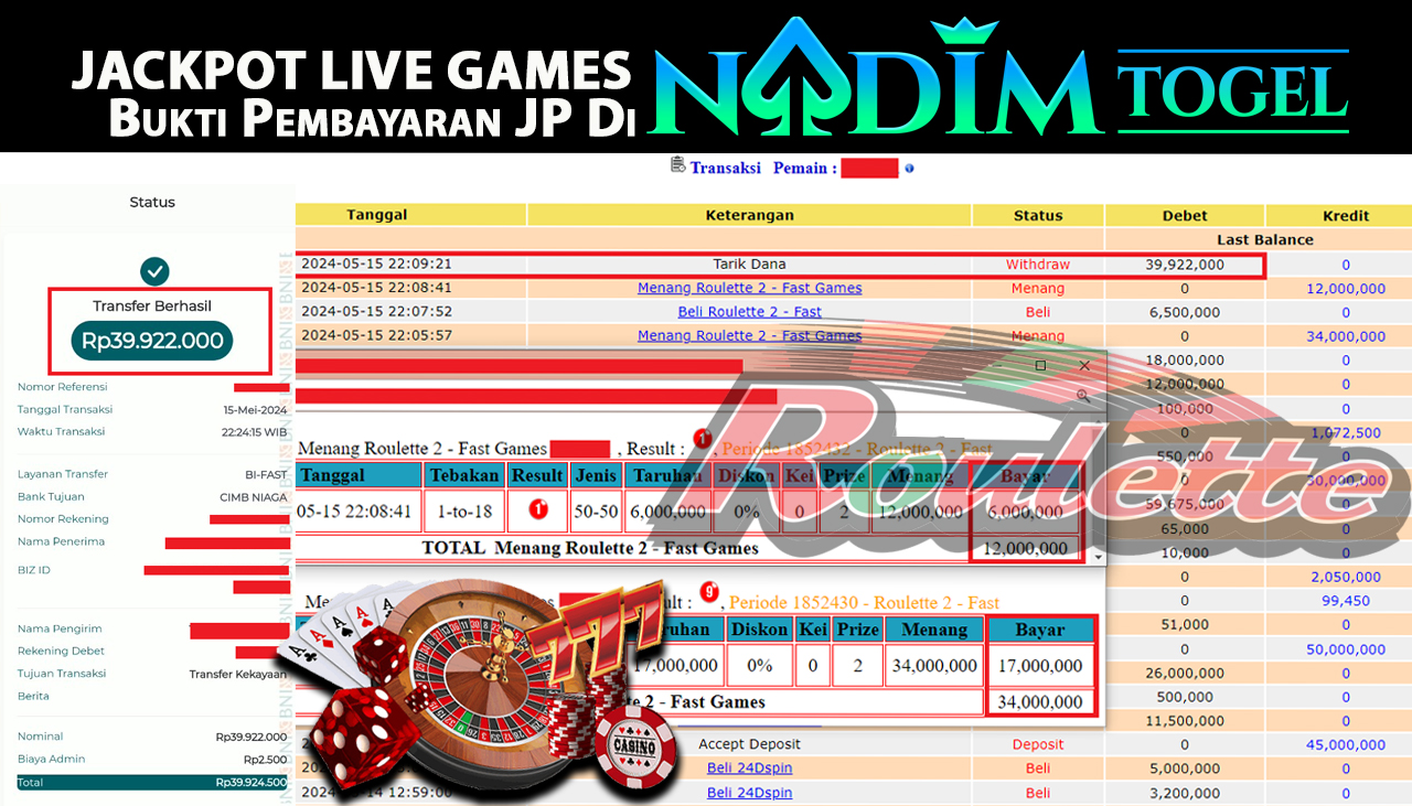 NADIMTOGEL JACKPOT LIVE GAME Roulette 2 Games Rp.39,922,000  - LUNAS