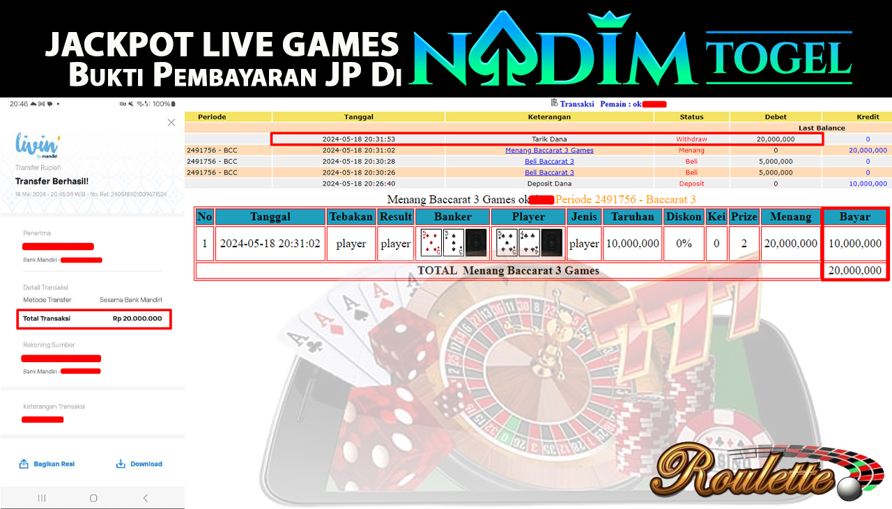 NADIMTOGEL JACKPOT LIVE GAME  ROULETTE 3 GAMES  Rp.20,000,000  - LUNAS