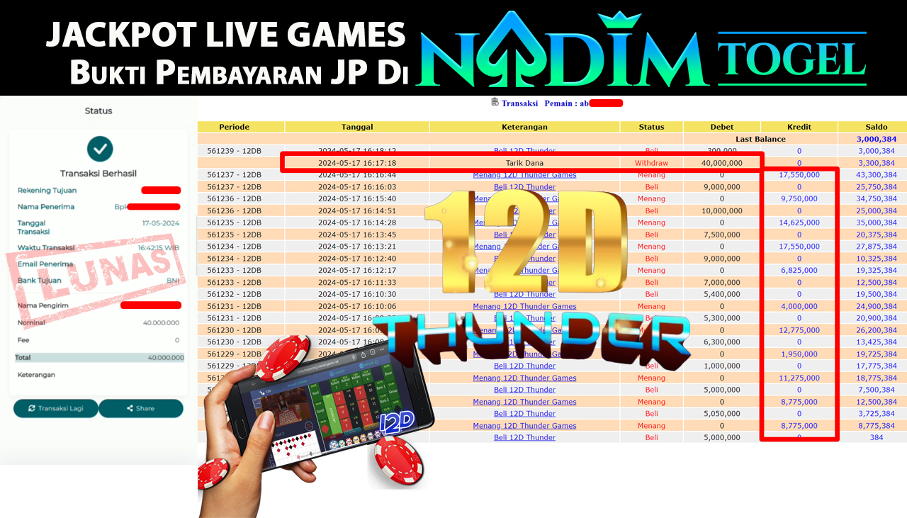 NADIMTOGEL JACKPOT LIVE GAME 12D THUNDER GAMES  Rp.40,000,000  - LUNAS