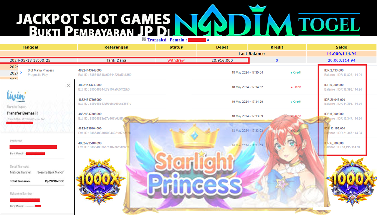 NADIMTOGEL JACKPOT SLOT MANIA PRINCESS Rp. 20,916,000,- LUNAS