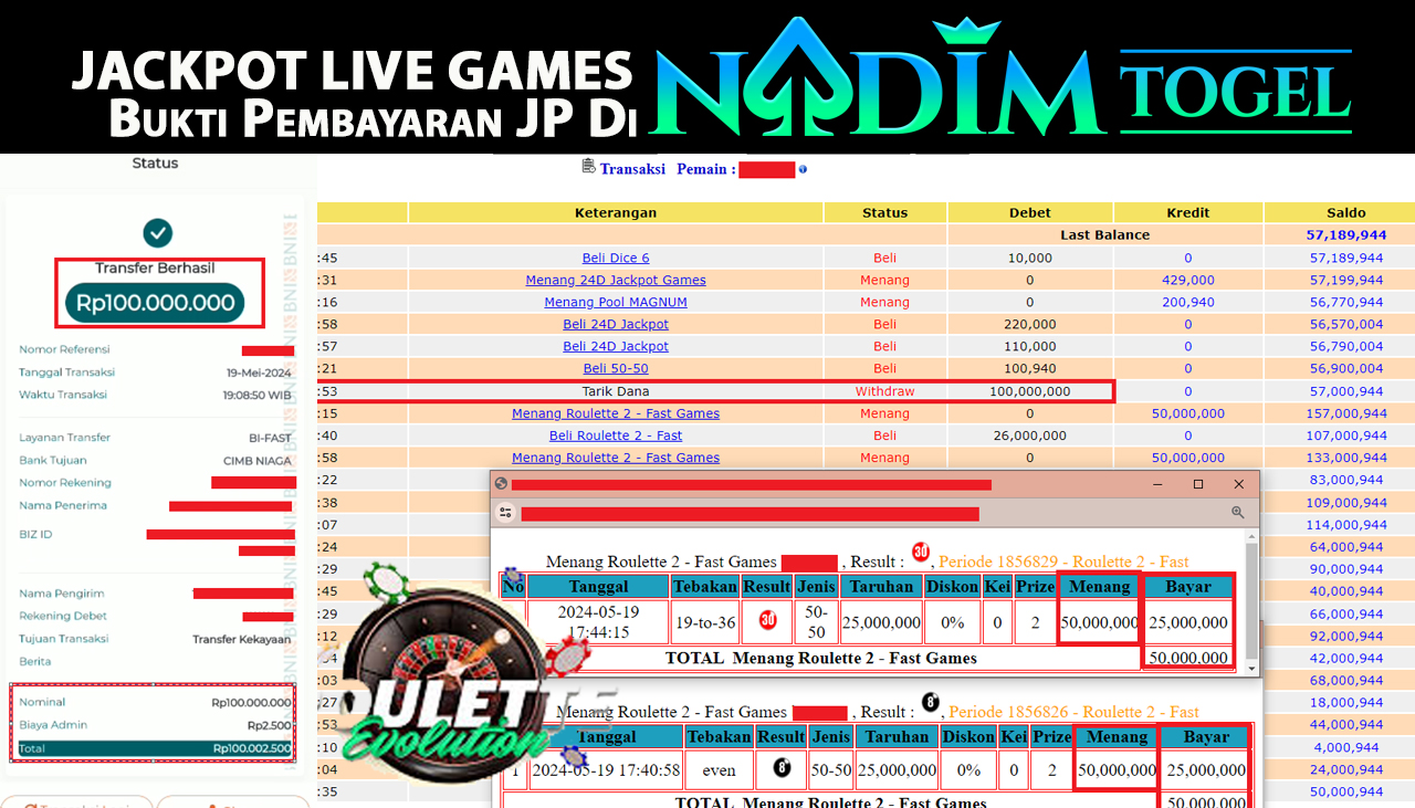 NADIMTOGEL JACKPOT LIVEGAMES ROULETTE 2 GAMES Rp 100,000,000,- LUNAS