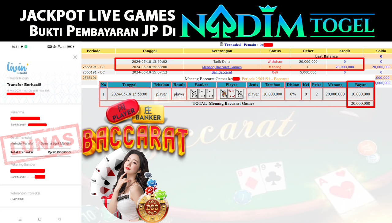 NADIMTOGEL JACKPOT LIVE GAME  BACCARAT  GAMES  Rp.20,000,000  - LUNAS
