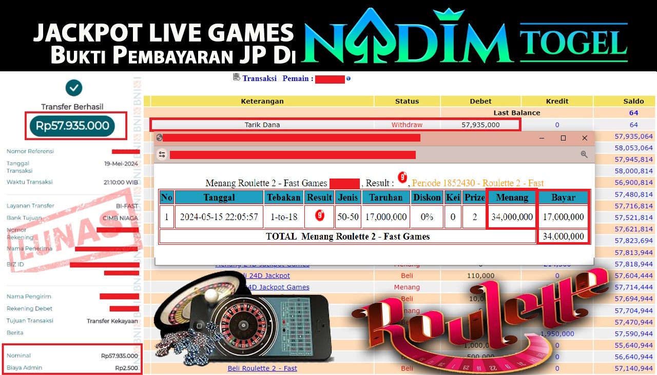 NADIMTOGEL JACKPOT LIVEGAMES ROULETTE 2 GAMES Rp 57,935,000,- LUNAS