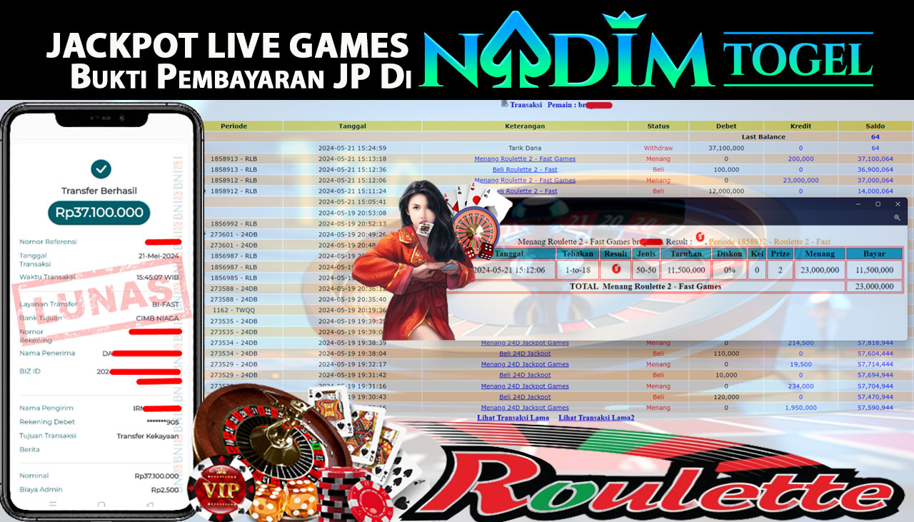 NADIMTOGEL JACKPOT LIVEGAMES ROULETTE 2 GAMES Rp 37,100,000,- LUNAS