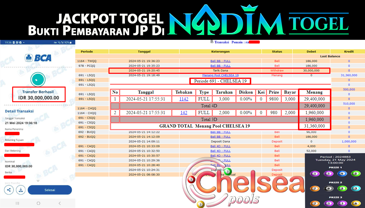 NADIMTOGEL JACKPOT TOGEL CHELSEA POOL Rp 30,000,000,- LUNAS