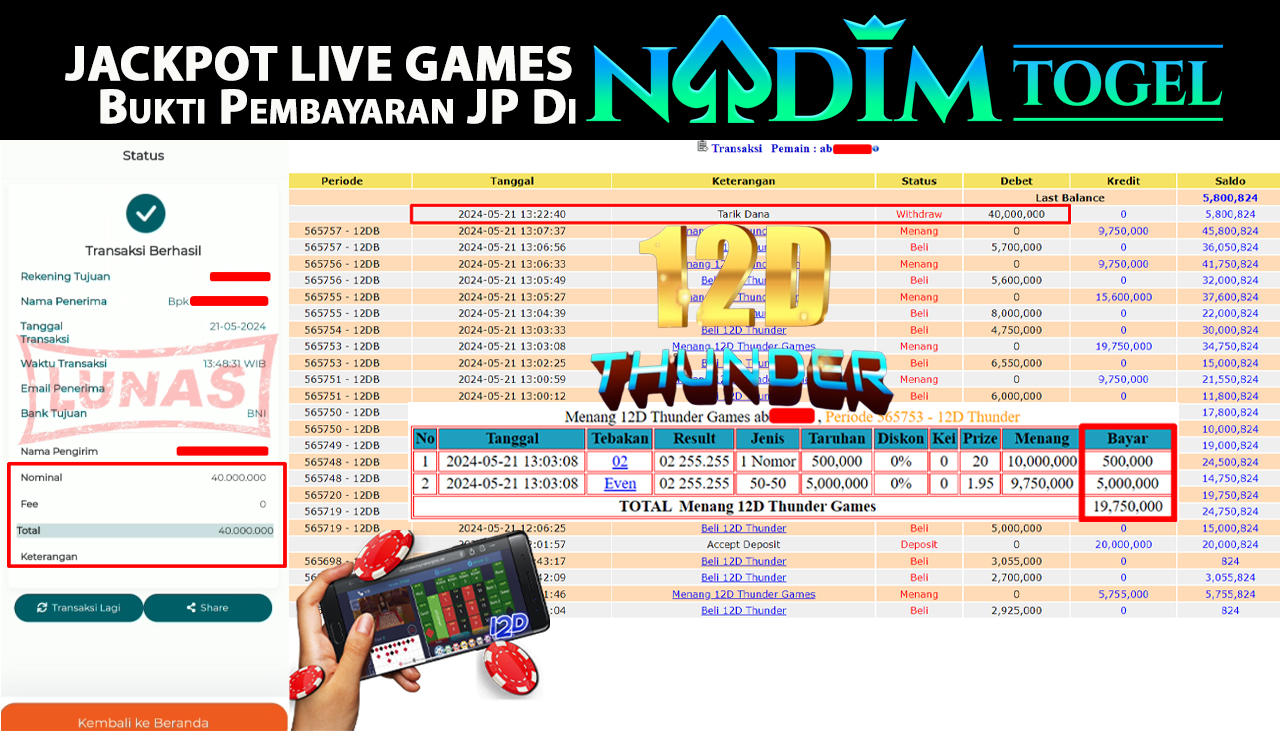 NADIMTOGEL JACKPOT LIVE GAMES 12D THUNDER Rp.40,000,000,- LUNAS