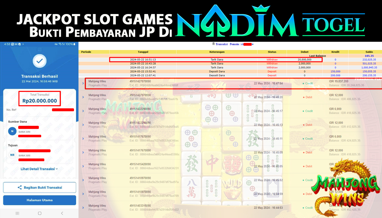 NADIMTOGEL JACKPOT SLOT MAHJONG WINS Rp 20.000.000,- LUNAS