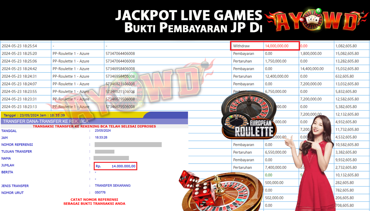 AYOWD JACKPOT LIVE GAMES PP-Roulette 1 - Azure Rp,14,000,000 LUNAS