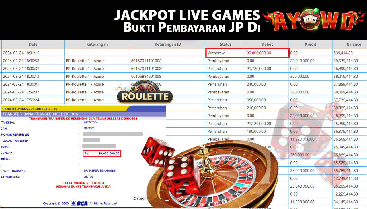 AYOWD JACKPOT LIVE GAMES PP-Roulette 1 - Azure Rp,39,000,000 LUNAS