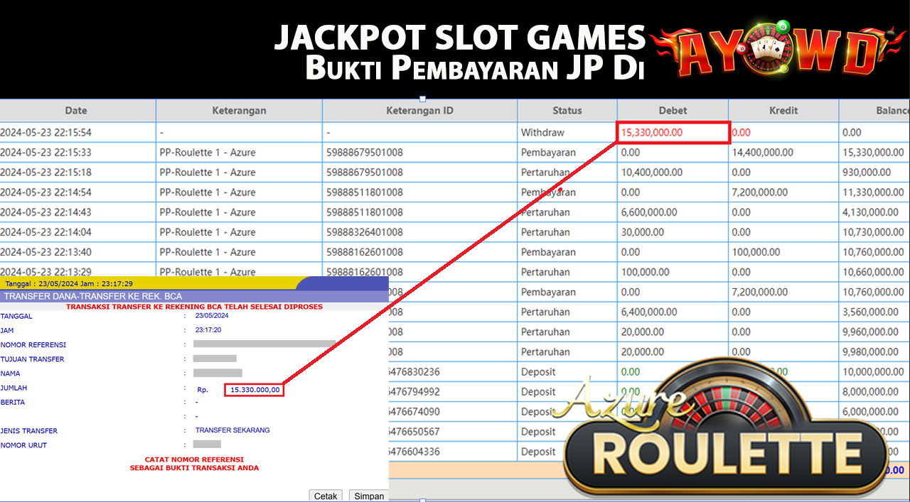 AYOWD JACKPOT LIVE GAMES PP-Roulette 1 - Azure Rp,15,330,000 LUNAS