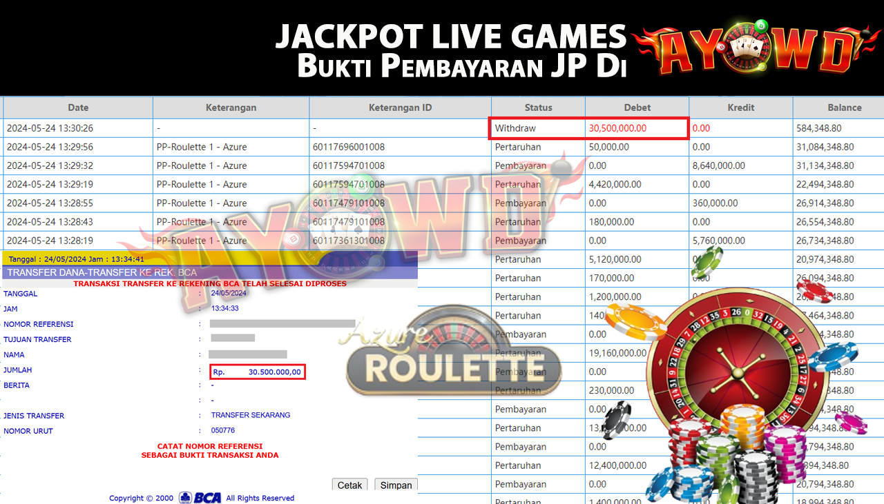 AYOWD JACKPOT LIVE GAMES PP-Roulette 1 - Azure Rp,30,500,000 LUNAS