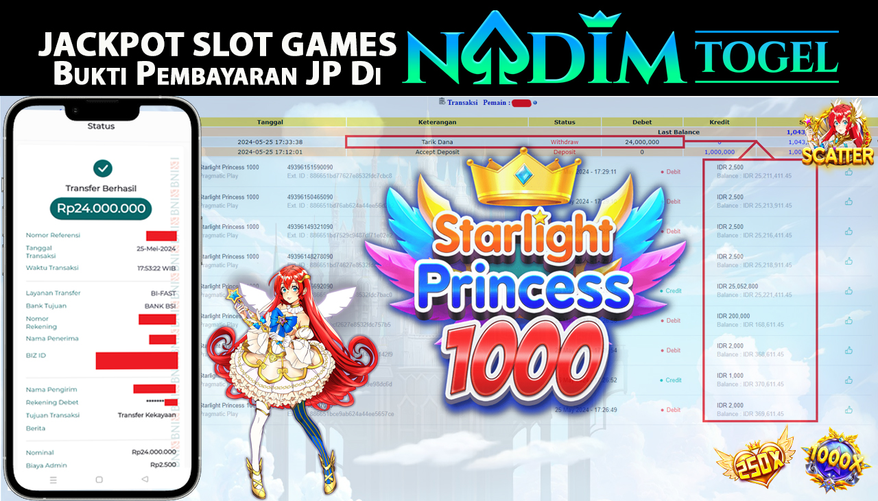 NADIMTOGEL JACKPOT SLOT STARLIGHT PRINCESS 1000 Rp 24.000.000,- LUNAS