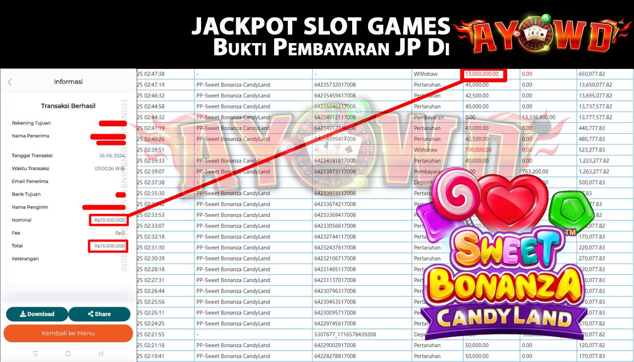AYOWD JACKPOT SLOT GAME PP-Sweet Bonanza CandyLand Rp,13,000,000 LUNAS