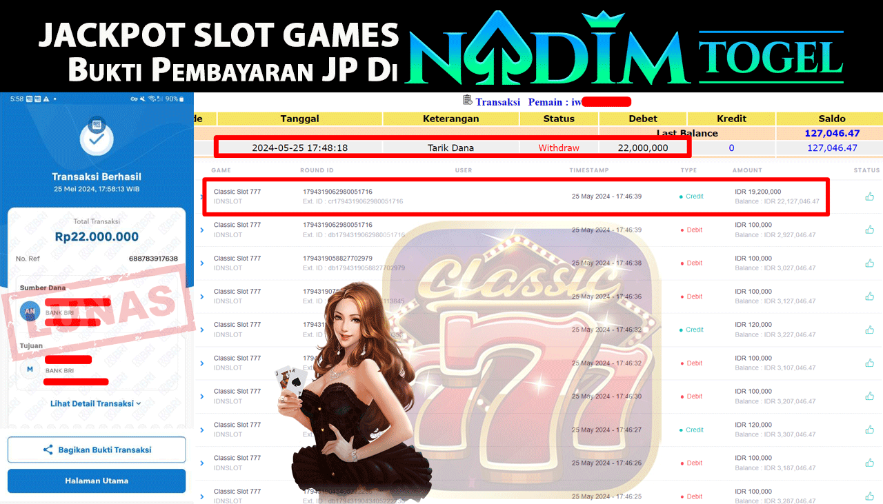 NADIMTOGEL JACKPOT SLOT GAMES Classic Slot 777 Rp 22.000.000,- LUNAS