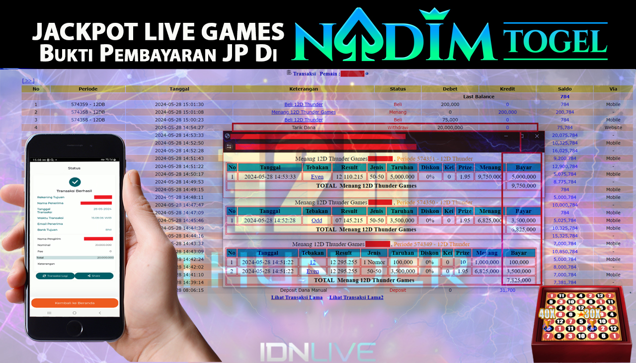 NADIMTOGEL JACKPOT LIVE GAMES 12D THUNDER GAMES Rp.20,000,000,- LUNAS