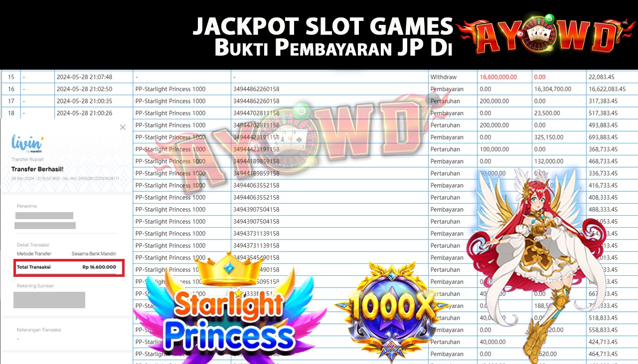 AYOWD JACKPOT SLOT GAME PP-Starlight Princess 1000 Rp,16.600.000- LUNAS
