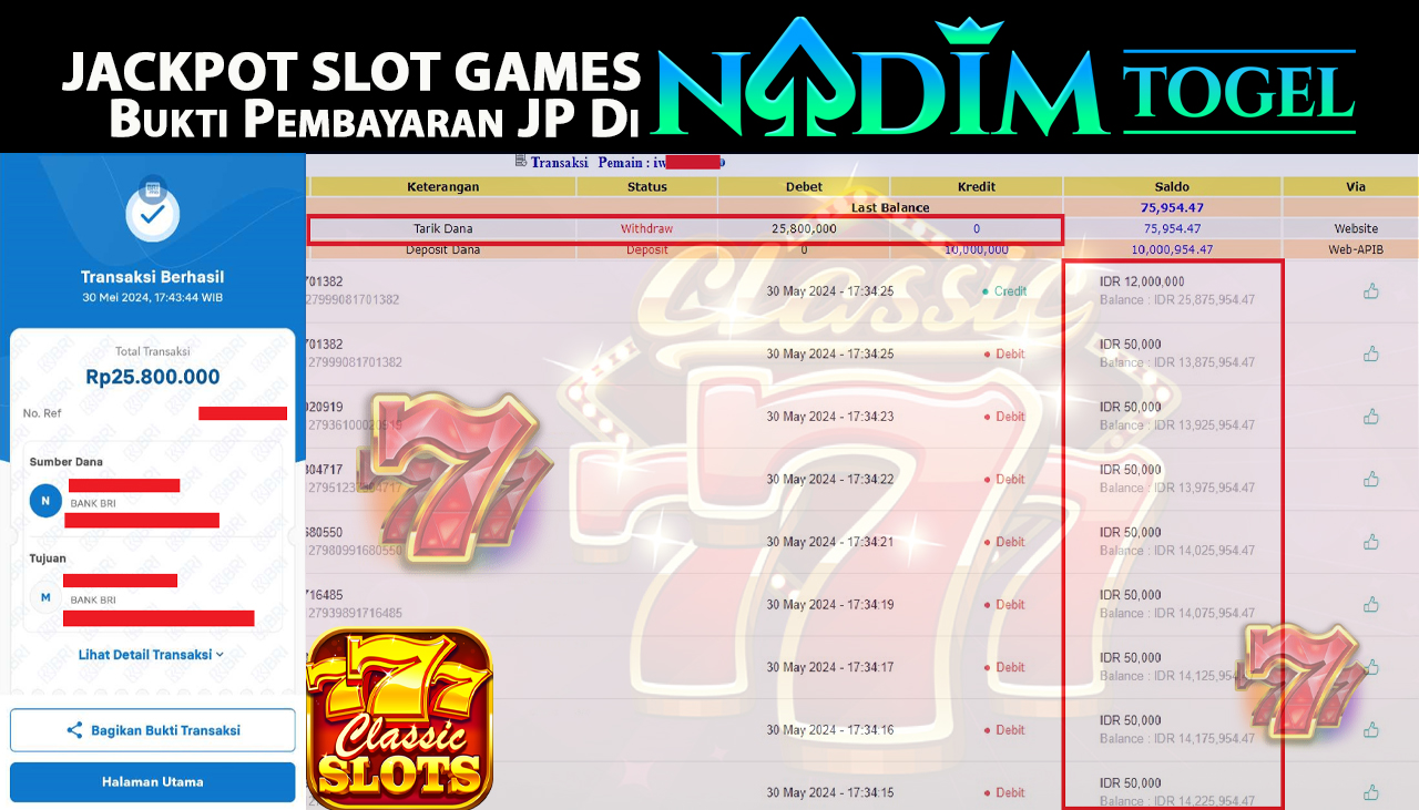 NADIMTOGEL JACKPOT SLOT CLASIC SLOT 777  Rp.25.800.000,- LUNAS