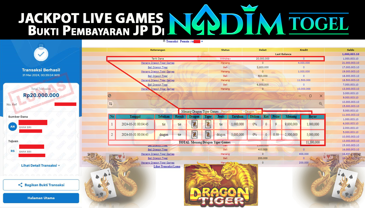 NADIMTOGEL JACKPOT LIVE GAMES DRAGON TIGER GAMES  Rp.20,000,000,- LUNAS