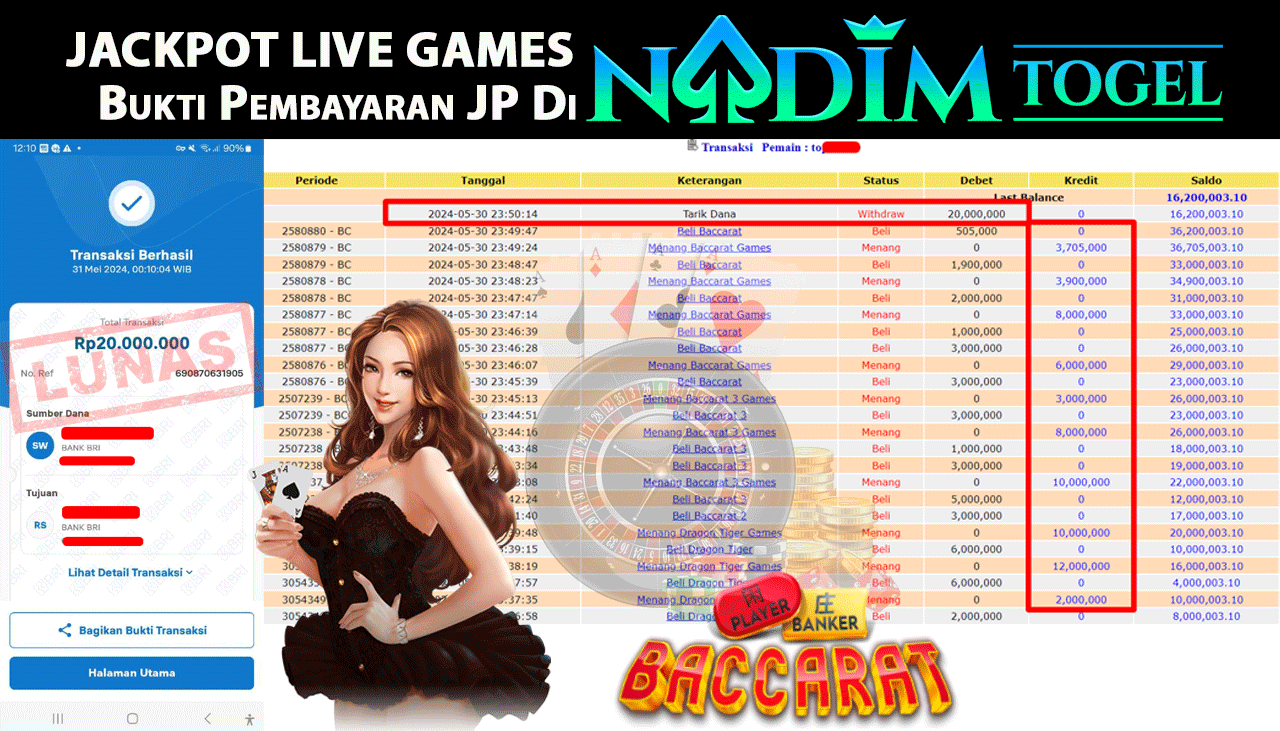 NADIMTOGEL JACKPOT LIVE GAMES BACCARAT  Rp.20,000,000,- LUNAS