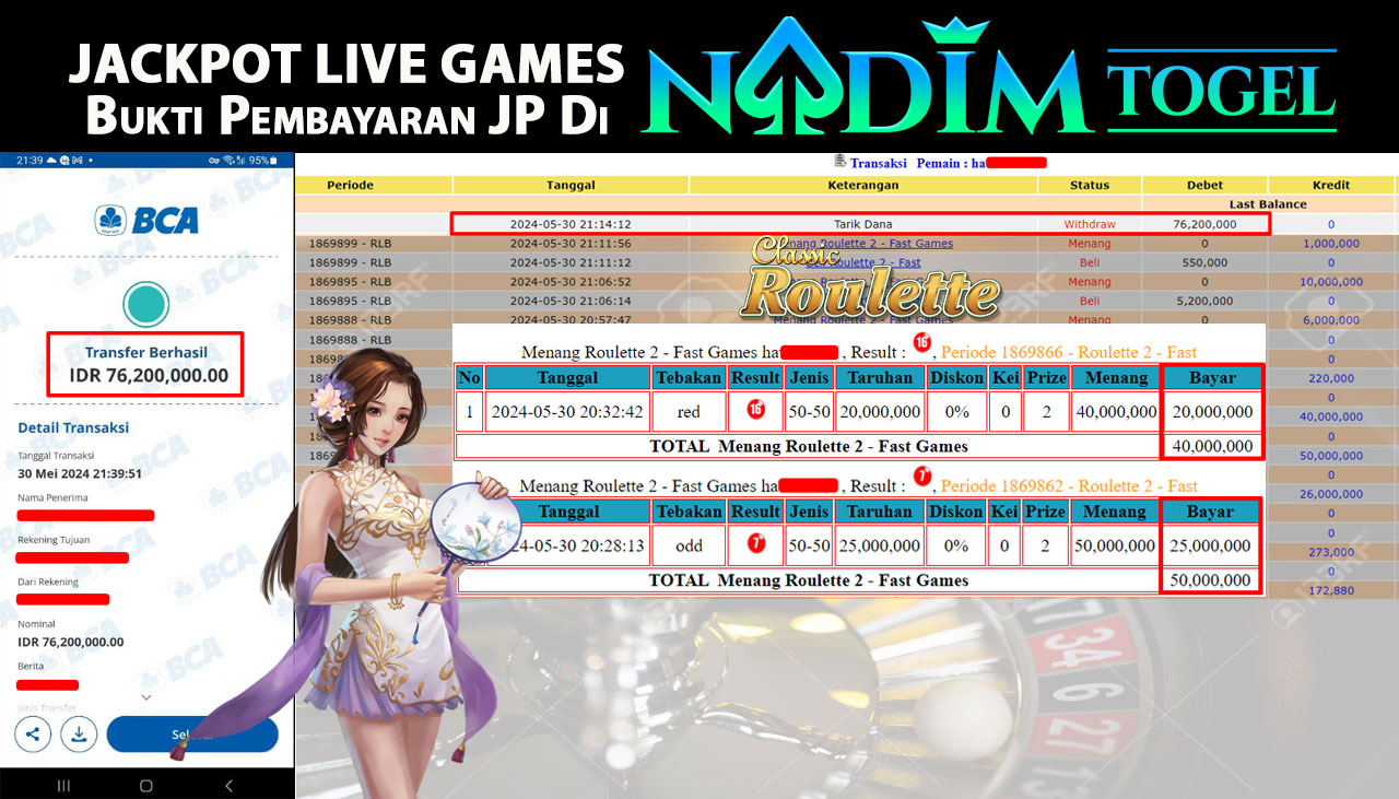 NADIMTOGEL JACKPOT LIVE GAMES ROULETTE Rp.76,200,000,- LUNAS