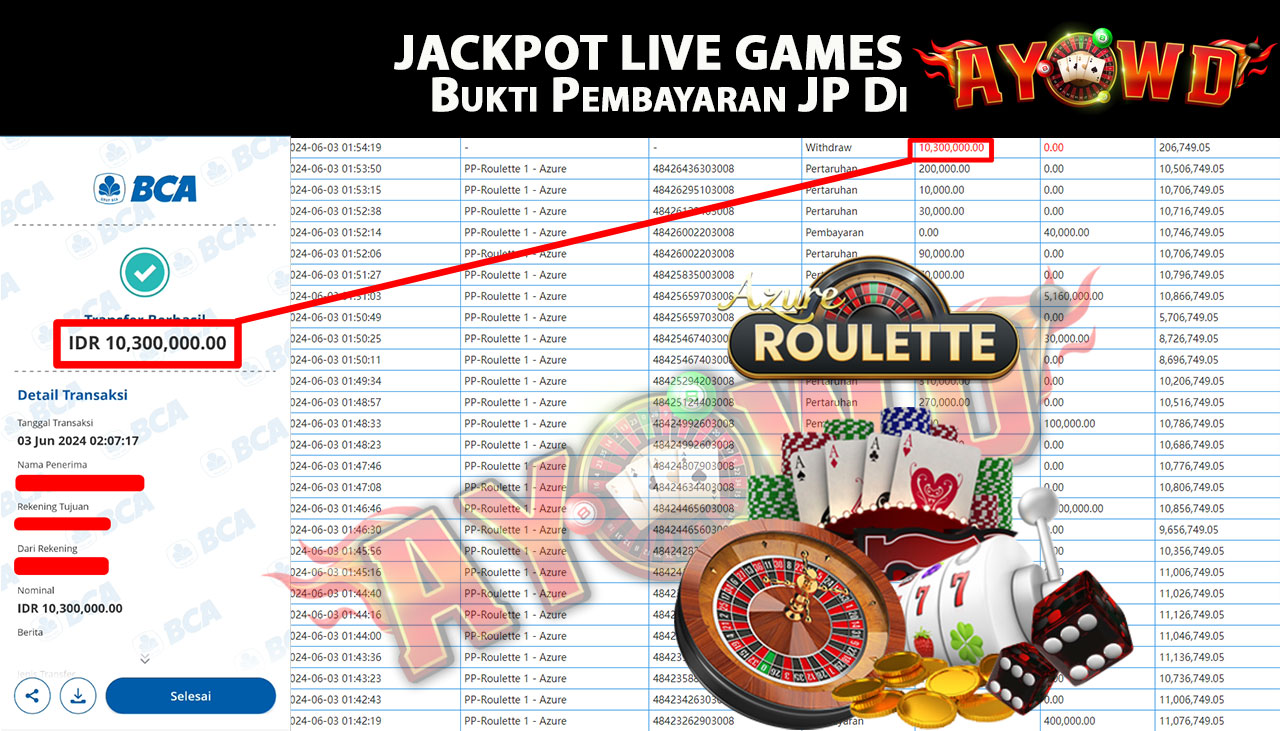 AYOWD JACKPOT LIVE GAMES PP-Roulette 1 - Azure Rp,10.300,000 LUNAS