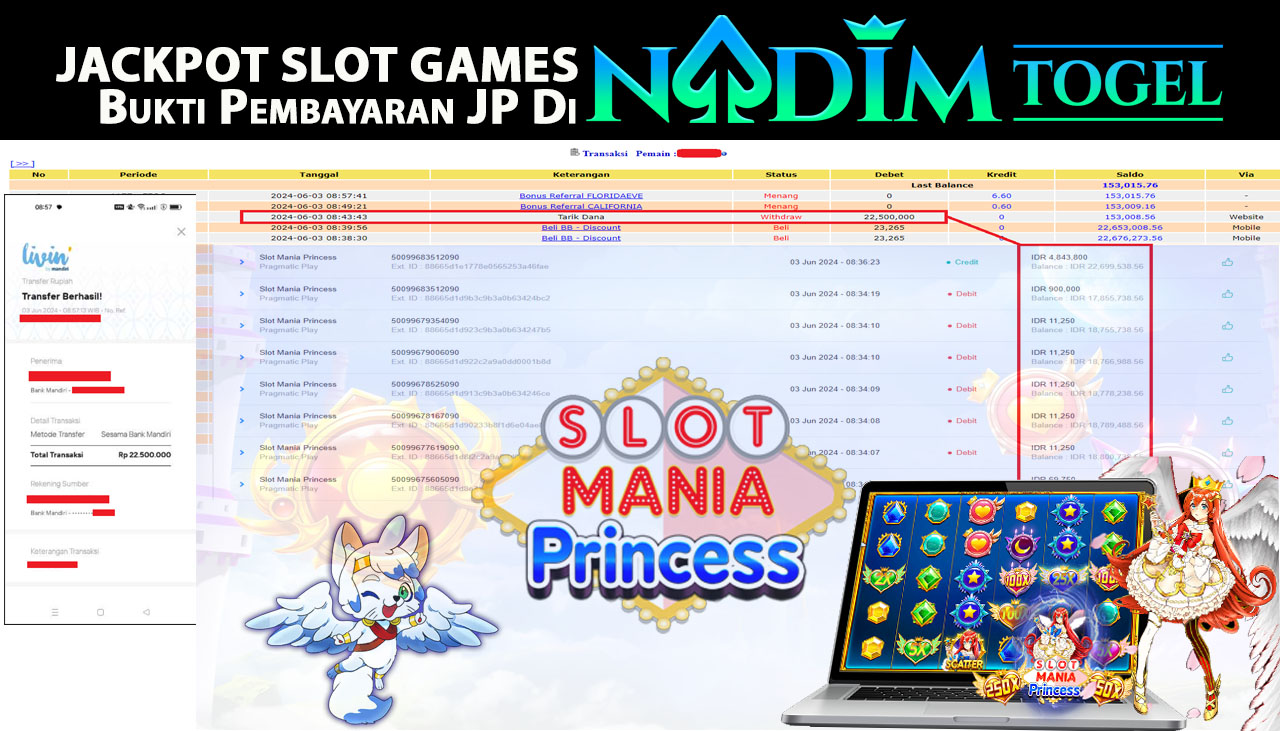 NADIMTOGEL JACKPOT SLOT MANIA PRINCESS Rp 22.500.000,- LUNAS