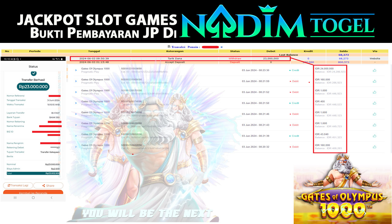NADIMTOGEL JACKPOT SLOT GATES OF OLYMPUS 1000  Rp 23.000.000,- LUNAS