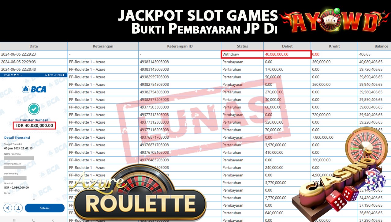 AYOWD JACKPOT LIVE GAMES PP-Roulette 1 - Azure Rp,40,080,000 LUNAS