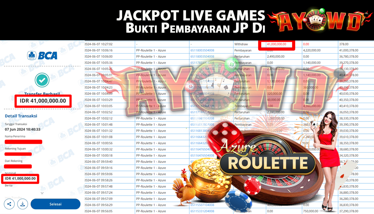 AYOWD JACKPOT LIVE GAMES PP-Roulette 1 - Azure Rp,41,000,000 LUNAS
