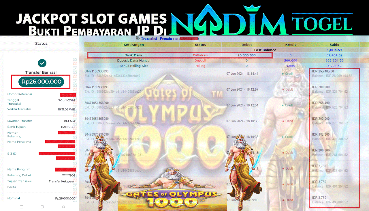 NADIMTOGEL JACKPOT SLOT GAMES GATE OF OLYMPUS 1000 Rp 26,000,000,- LUNAS
