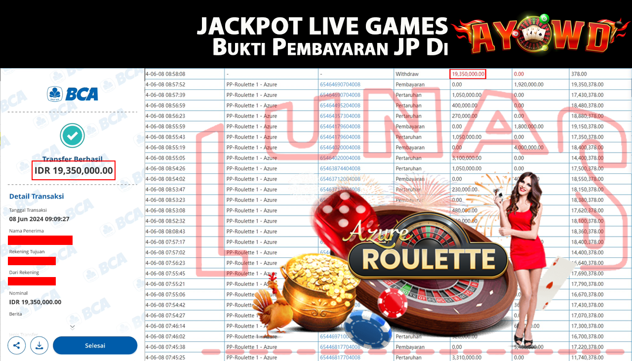 AYOWD JACKPOT LIVE GAMES PP-Roulette 1 - Azure Rp,19,350,000 LUNAS