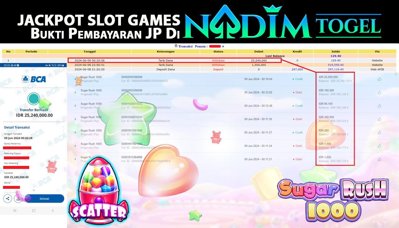 NADIMTOGEL JACKPOT SLOT Sugar Rush 1000  Rp 25,240,000,- LUNAS