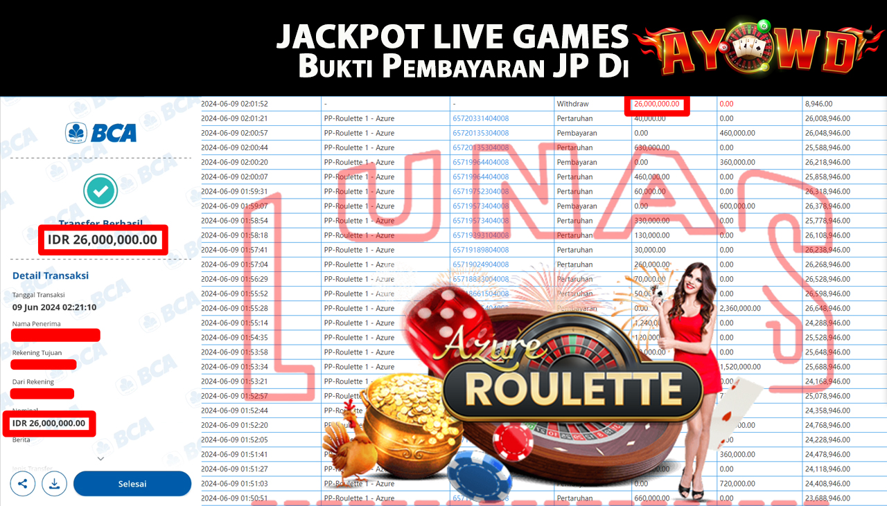 AYOWD JACKPOT LIVE GAMES PP-Roulette 1 - Azure Rp,26,000,000 LUNAS