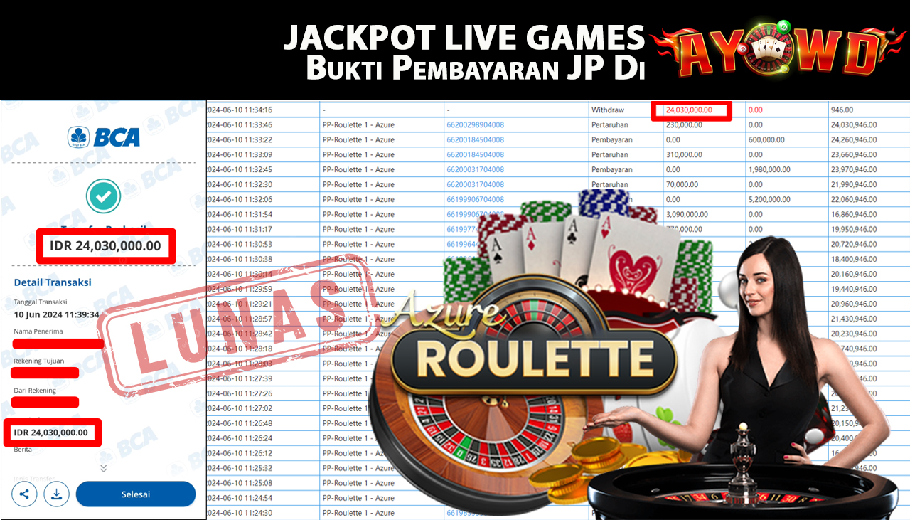 AYOWD JACKPOT LIVE GAMES PP-Roulette 1 - Azure Rp,24,030,000 LUNAS