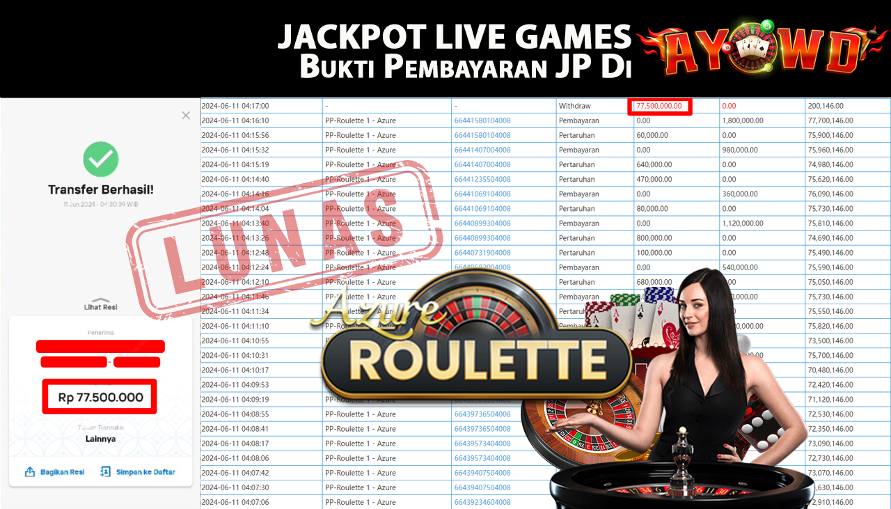 AYOWD JACKPOT LIVE GAMES PP-Roulette 1 - Azure Rp,77,500,000 LUNAS