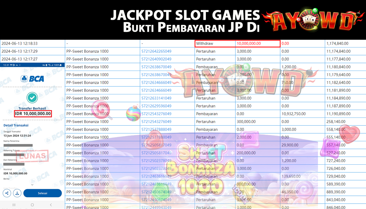 AYOWD JACKPOT SLOT GAME PP-Sweet Bonanza 1000  Rp,10,000,000 LUNAS