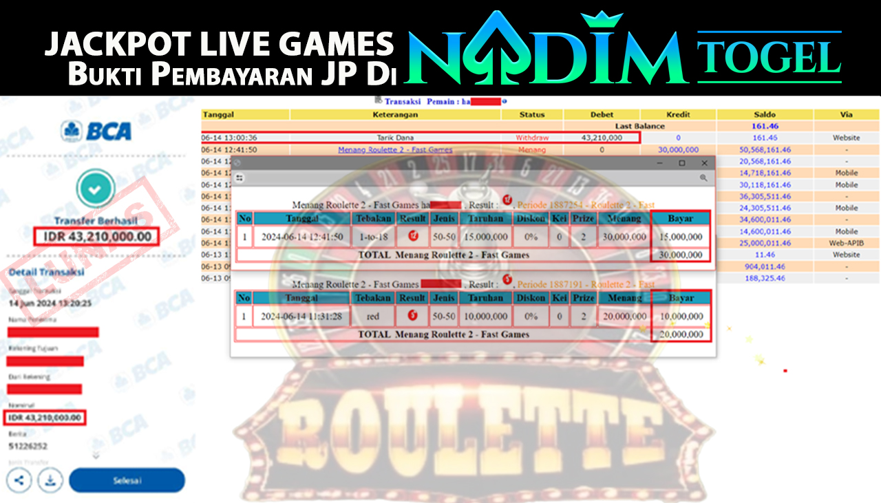 NADIMTOGEL JACKPOT LIVE GAMES Roulette 2 Rp 43,210,000- LUNAS