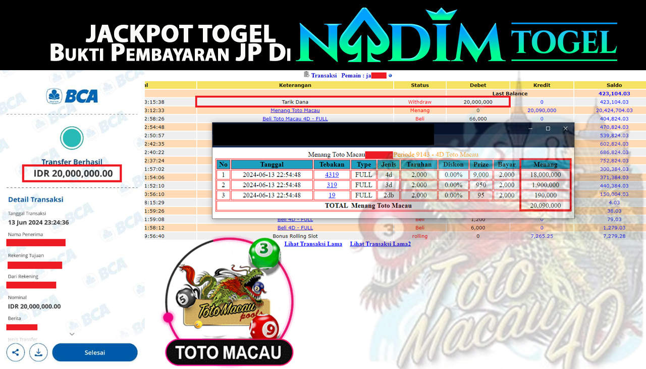 NADIMTOGEL JACKPOT TOGEL PASARAN TOTO MACAU 4D Rp 20,000,000- LUNAS