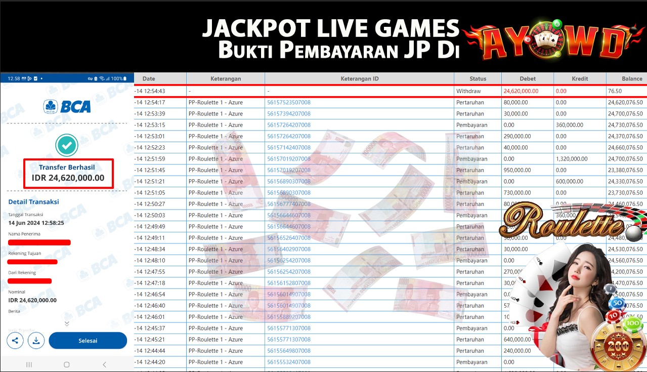 AYOWD JACKPOT LIVE GAMES PP-Roulette 1 - Azure Rp,24,620,000 LUNAS
