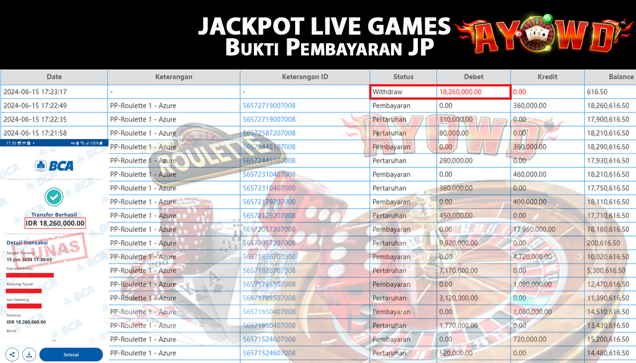 AYOWD JACKPOT LIVE GAMES PP-Roulette 1 - Azure Rp,18,260,000 LUNAS