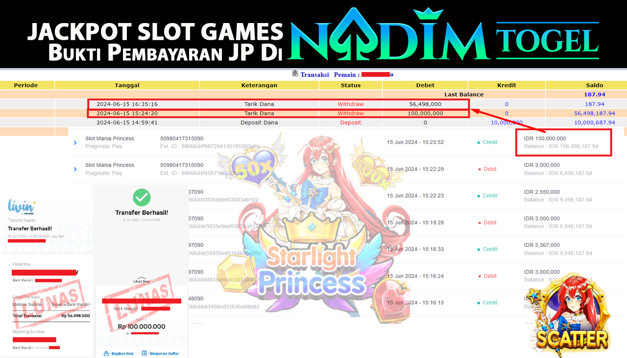 NADIMTOGEL JACKPOT SLOT  MANIA PRINCESS Rp 156,498,000,- LUNAS