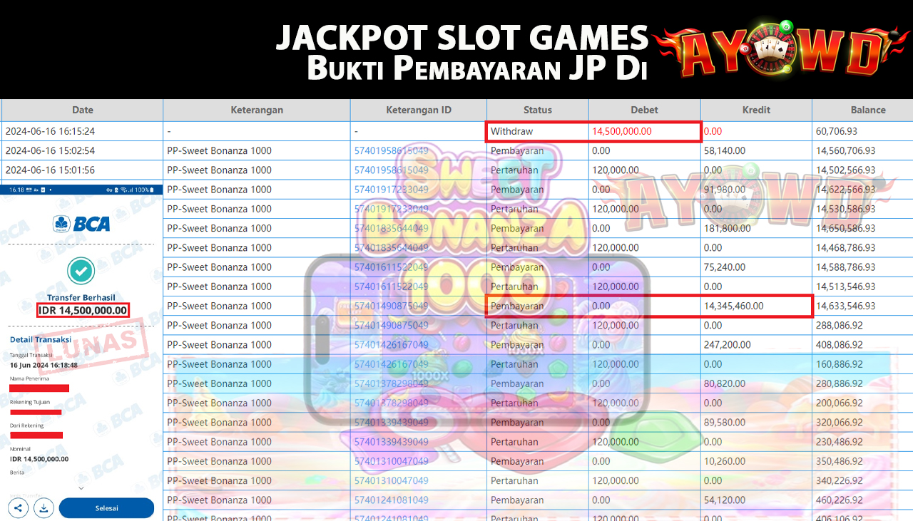 AYOWD JACKPOT SLOT GAME PP-Sweet Bonanza 1000 Rp,14,500,000. LUNAS