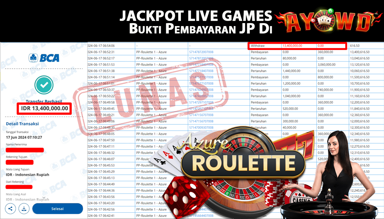 AYOWD JACKPOT LIVE GAMES PP-Roulette 1 - Azure Rp,13,400,000 LUNAS