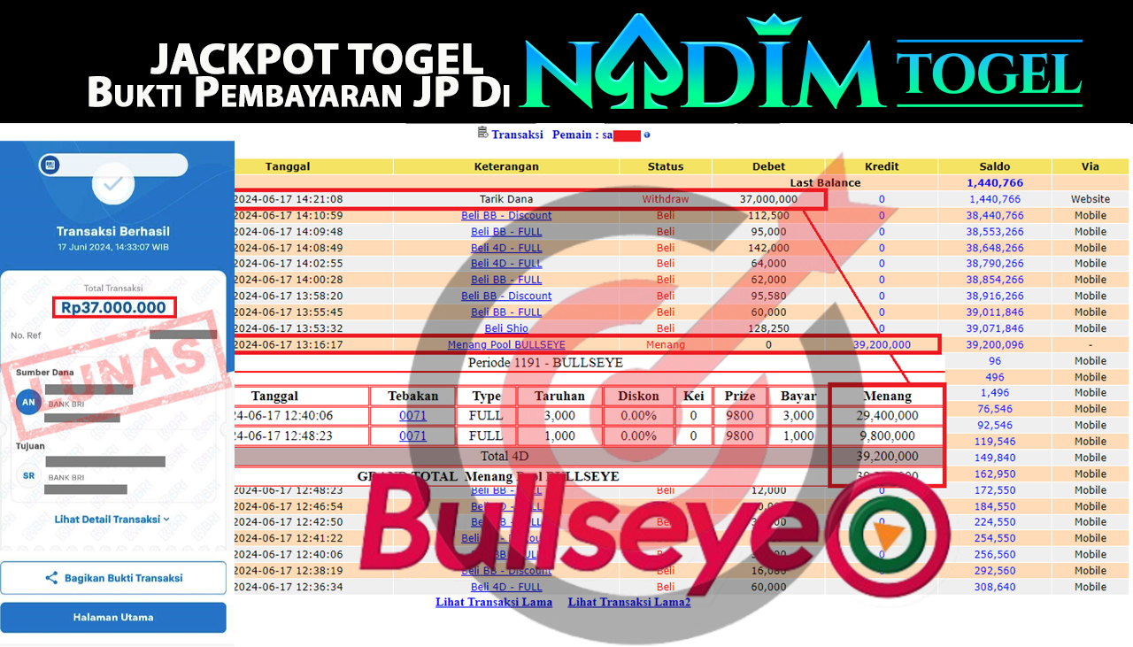 NADIMTOGEL JACKPOT TOGEL PASARAN BULLSEYE Rp 37,000,000- LUNAS